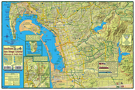 San Diego Southern County Bikeways and Trail Road and Recreation Map, California, America.