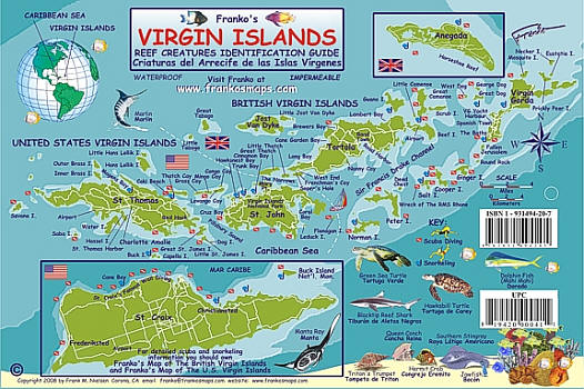 Virgin Islands Creatures Guide Road and Recreation Map, America.