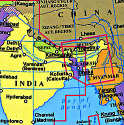 India, Nepal, Bhutan, Bangladesh, and Maldives, Road and Physical Tourist Map.