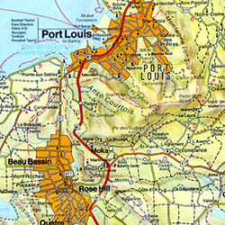 Reunion Island and Mauritius Island, Road and Shaded Relief Tourist Map, Indian Ocean.