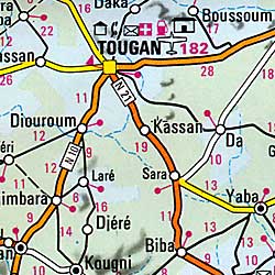 Burkina Faso Road and Shaded Relief Tourist Map.