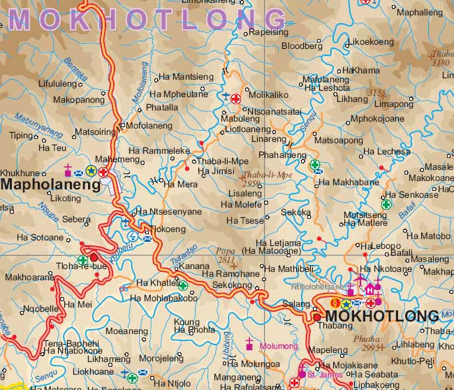 Lesotho Road and Physical Travel Reference Map.