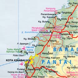 Sabah State and Brunei Road and Physical Travel Reference Map, Malaysia.