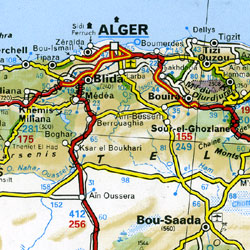 Africa, North West, Road and Tourist Map (includes Libya, Tunisia, Algeria, Morocco, Mauritania, Mali, Niger, Chad, Upper Volta, Senegal, Nigeria, Benin, Togo, Ghana, Ivory Coast, Liberia, Sierra Leone, Guinea, Guinea Bissau, and Gambia).