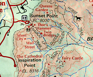 Bryce Canyon and Zion National Park, Road and Recreation Map, Utah, America.