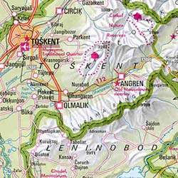 Central Asia (including Tajikistan), Road and Shaded Relief Tourist Map.