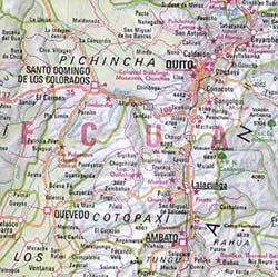 Ecuador and Colombia, Road and Shaded Relief Tourist Map.