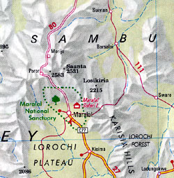 Kenya Road and Shaded Relief Tourist Map.