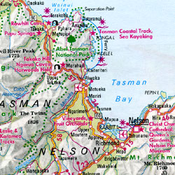 New Zealand, Road and Shaded Relief Tourist Map.