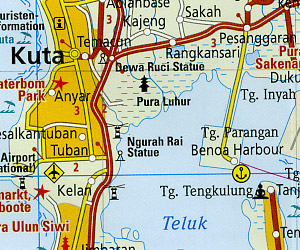 Bali, Lombok and Komodo Road and Topographic Tourist Map, Indonesia.