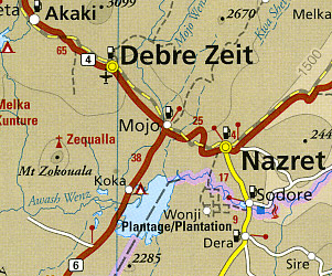 Ethiopia, Somalia, Eritrea and Djibouti, Road and Topographic Tourist Map.