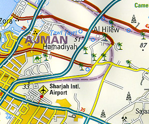 United Arab Emirates, Bahrain and Qatar Road and Topographic Tourist Map.