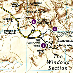 Arches National Park, Road and Recreation Map, Utah, America.