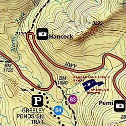 Franconia Notch and North Conway, Road and Recreation Map, America.