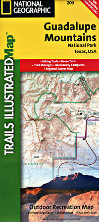 Guadalupe Mountains National Park, Road and Recreation Topographic Map, Texas, America.