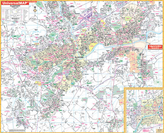 Allentown County WALL Map, Pennsylvania, America.