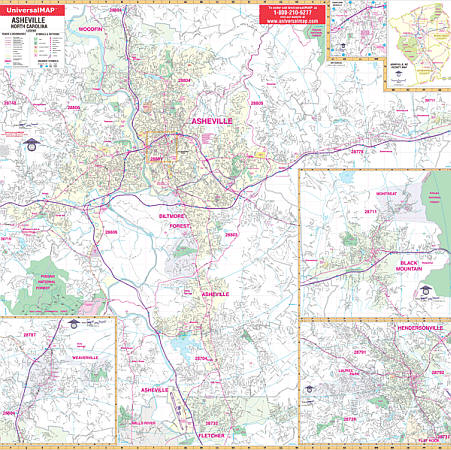 Asheville WALL Map, North Carolina, America.