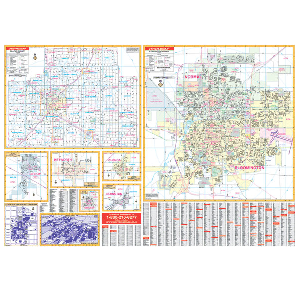 Bloomington WALL Map, Illinois, America.