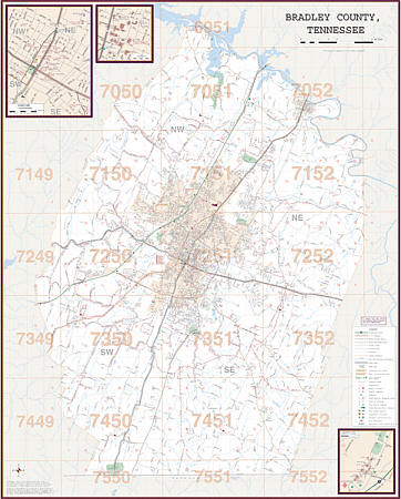 Bradley County WALL Map, Tennessee, America.