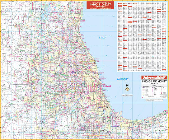 Chicago 50 Mile WALL Map, Illinois, America.