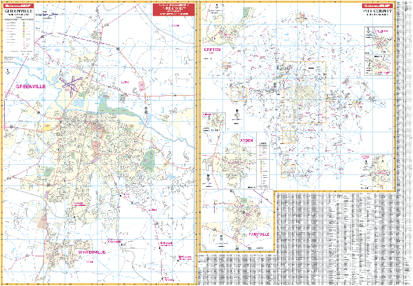 Greenville WALL Map, North Carolina, America.