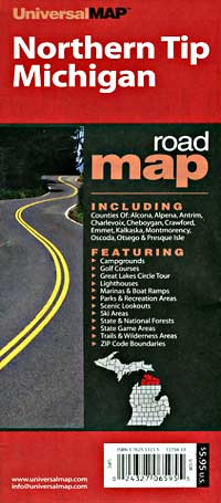 Michigan "Northern Tip" Road and Tourist Map, America.