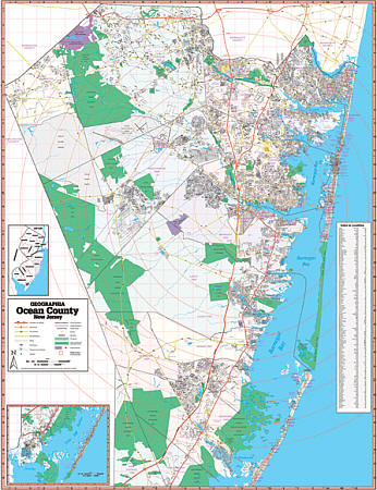 Ocean County WALL Map, New Jersey, America.