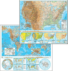 United States and World Advanced Physical "Classroom" WALL Map On Roller with Backboard.