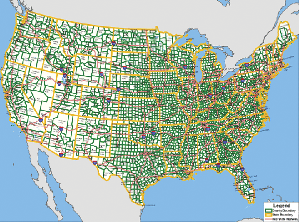 United States County and 2002 Population WALL Map, America.