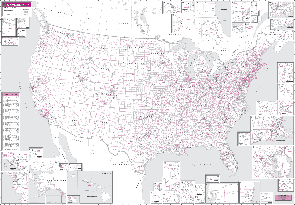 United States Rush Hour Zip Code WALL Map, America.