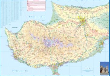 Cyprus, Road and Physical Travel Reference Map.