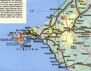 Senegal and The Gambia Road and Physical Travel Reference Map.