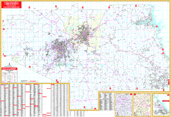 Auburn and Opelika WALL Map, Alabama, America.