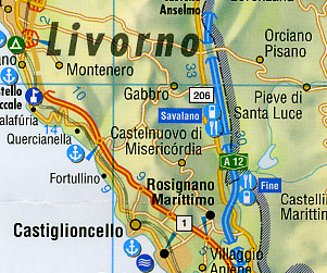 Tuscany (Toscana) Road and Shaded Relief Tourist Map, Italy.