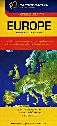 Europe Road and Shaded Relief Tourist Map.