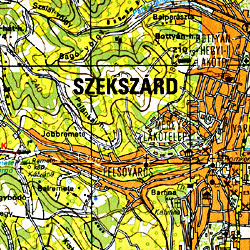 Szekszard Road and Shaded Relief Tourist Map, Hungary.