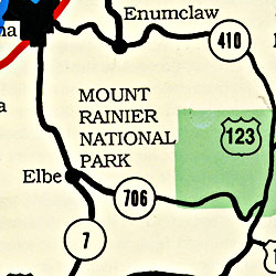 Mount Rainier National Park, Road and Recreation Map, Washington, America.