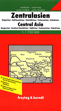Central Asia (including Tajikistan, Turkmenistan, Uzbekistan, and the Southern Half of Kazakhstan), Road and Shaded Relief Tourist Map.