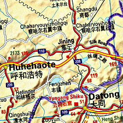 China and MONGOLIA, Road and Shaded Relief Tourist Map.