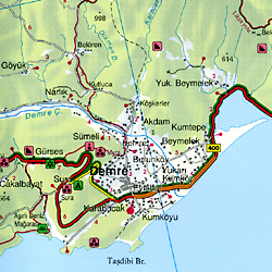 Turkey Riviera, Antalya, Kemer, Fethi, Road and Shaded Relief Tourist Map.