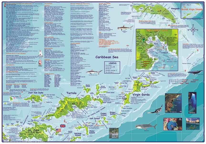 British Virgin Islands Guide and Dive, Road and Recreation Map, America.