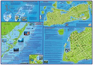 Florida Keys Guide and Dive Road and Recreation Map, Florida, America.