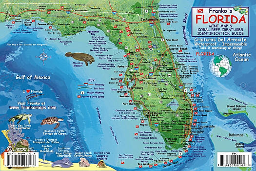 Florida State Reef Guide, Road and Recreation Map, Florida, America.