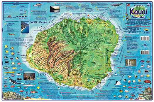 Kauai Diving Road and Recreation Map, Hawaii, America.  "Various scales".  Size 14"x21".  Franko maps edition.  Laminated.