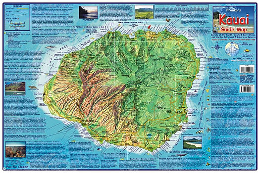 Kauai Guide Road and Recreation Map, Hawaii, America.  "Various scales".  Size 14"x21".  Franko maps edition.  Laminated.