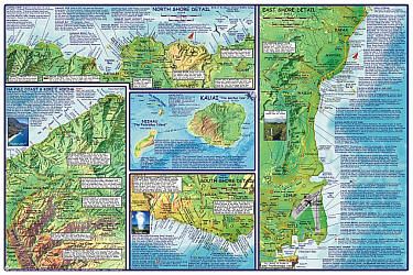 Kauai Guide Road and Recreation Map, Hawaii, America.  "Various scales".  Size 14"x21".  Franko maps edition.  Laminated.