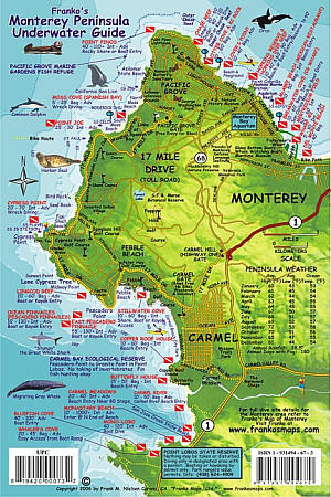 Monterey Peninsula Underwater Guide, Road and Recreation Map, California, America.