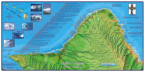 Oahu North Shore Surfing Poster Recreation Map, Hawaii, America.