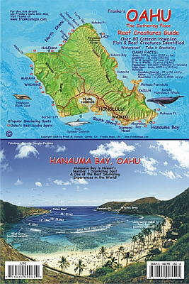 Oahu Reef Creatures Guide Road and Recreation Map, Hawaii, America.
