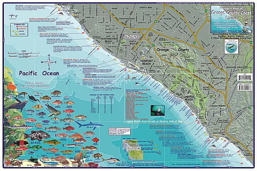 Orange County Coast Road and Recreation Map, California, America.